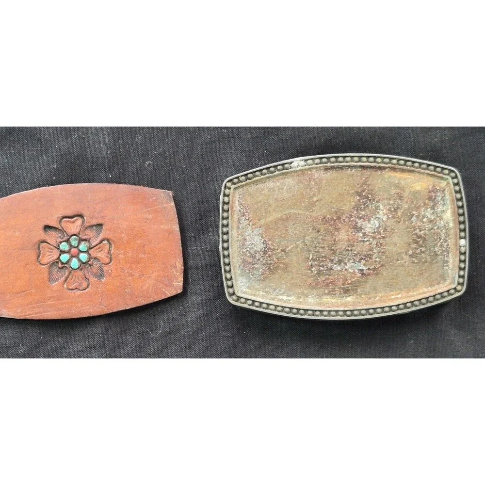 Vtg Southwestern Style Tooled Leather Inlay Belt Buckle Alumaline 4108